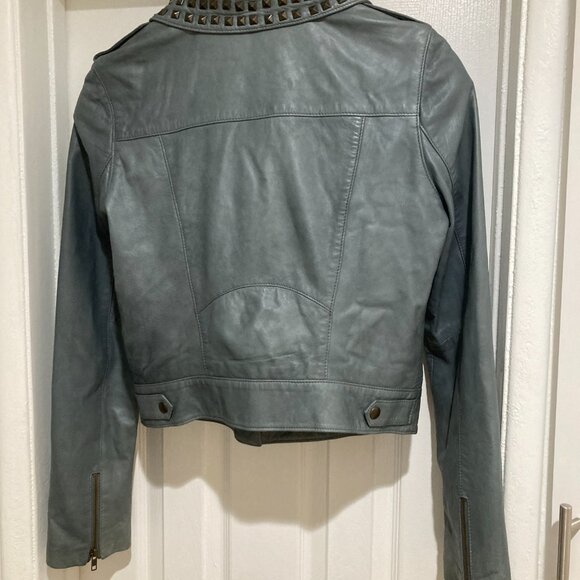 Women's Trouve Blue/Green Leather Studded Collar Leather Jacket - Picture 3 of 3
